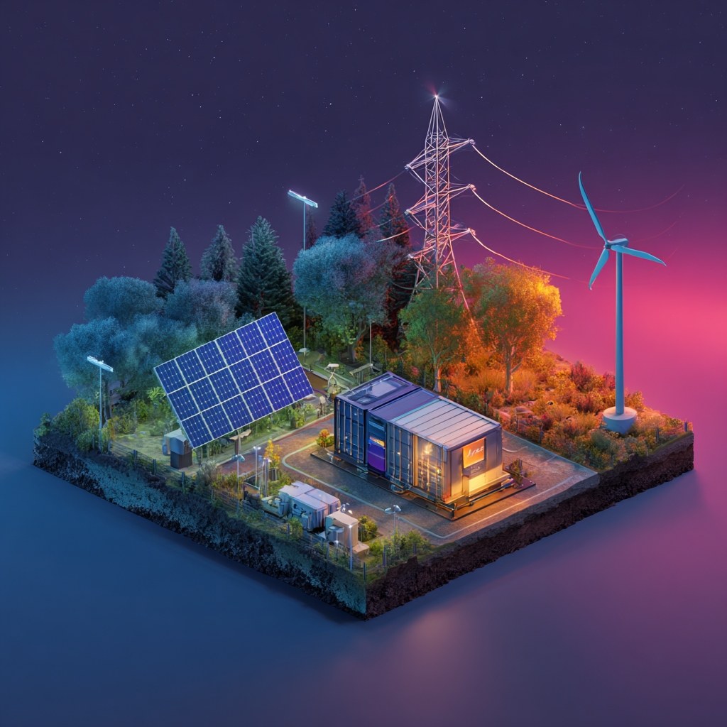Battery energy storage container with transmission tower at dusk