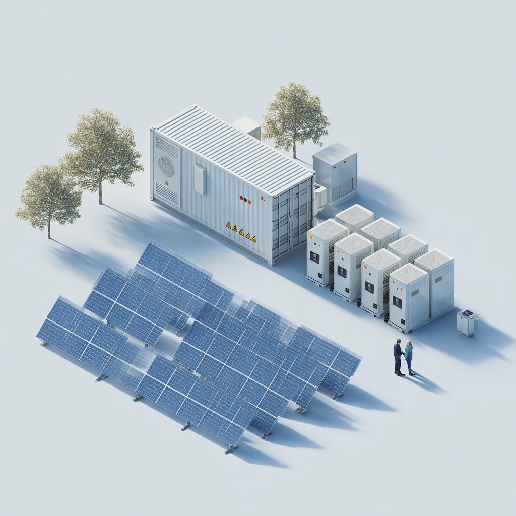 Community-scale solar canopy and battery storage container with technicians on site