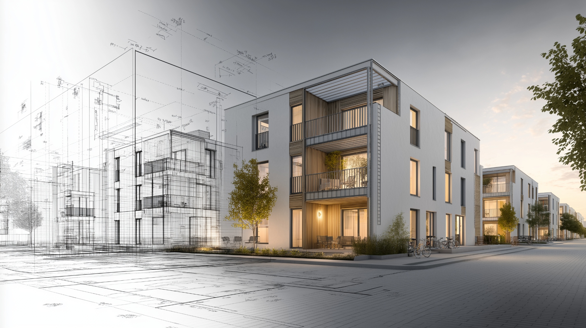 Climate-neutral housing render transitioning from blueprint to build