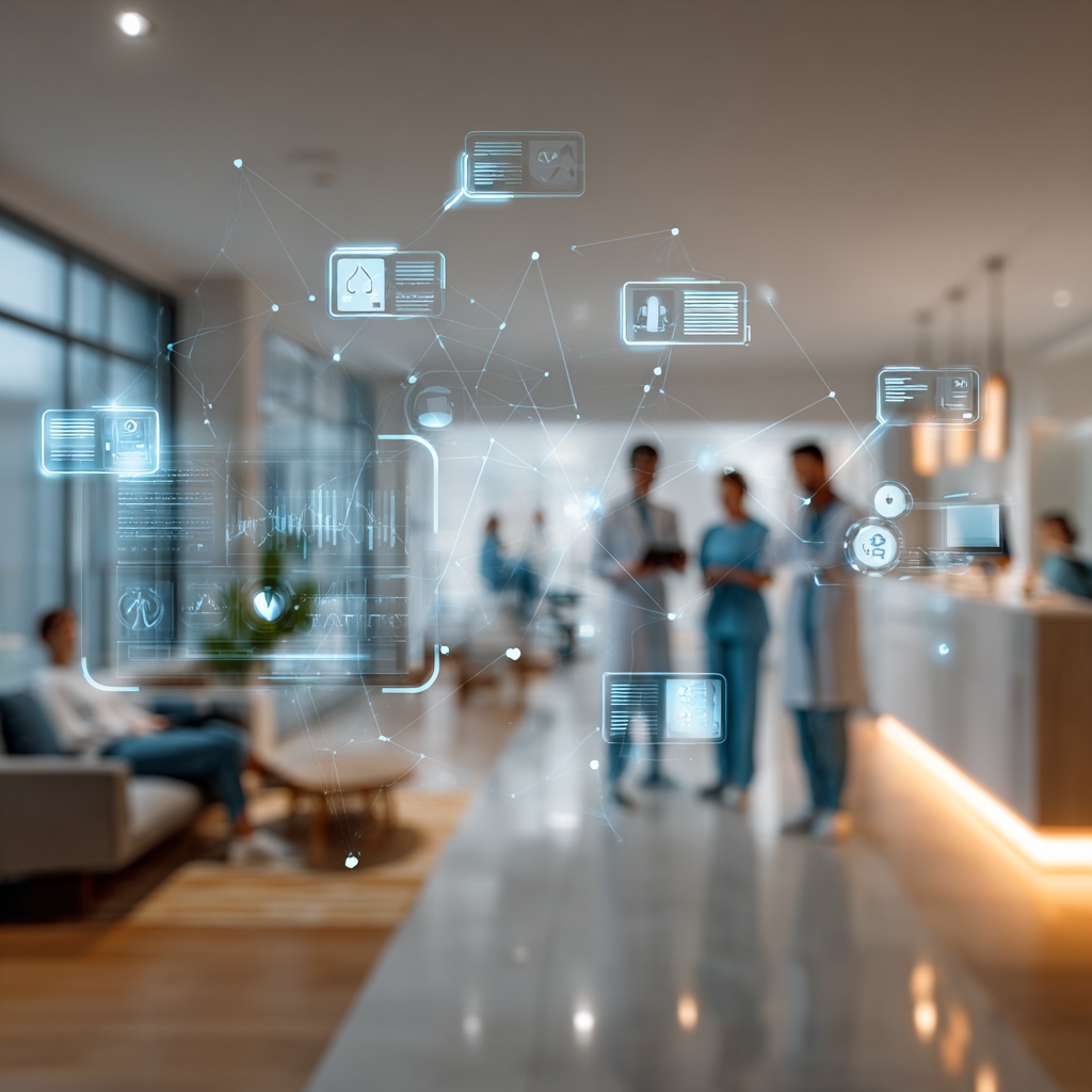 Modern healthcare clinic with connected care interface overlay