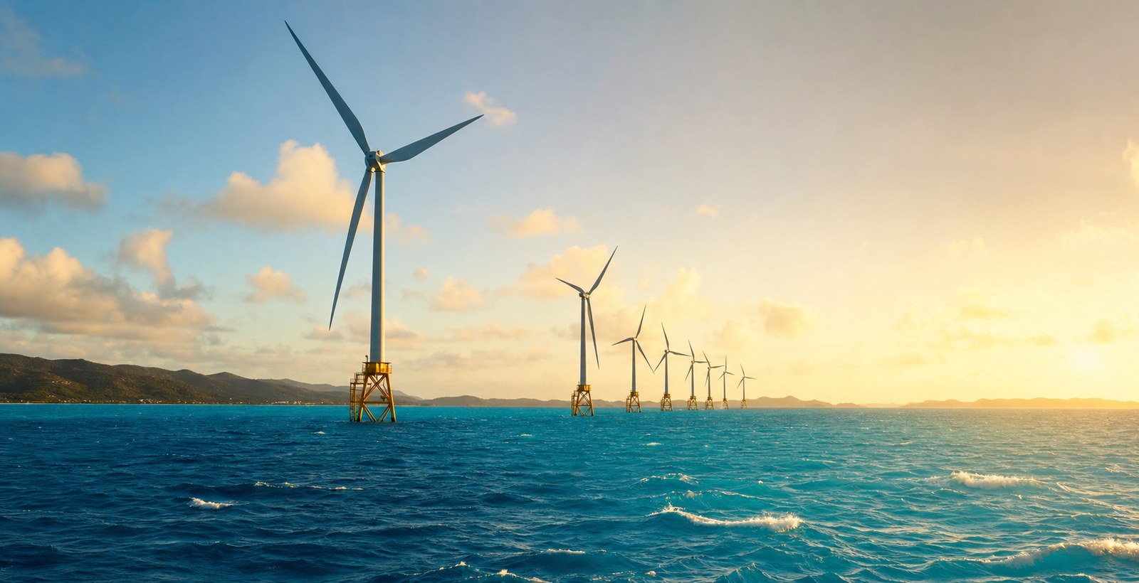 Row of offshore wind turbines in Caribbean waters at golden hour