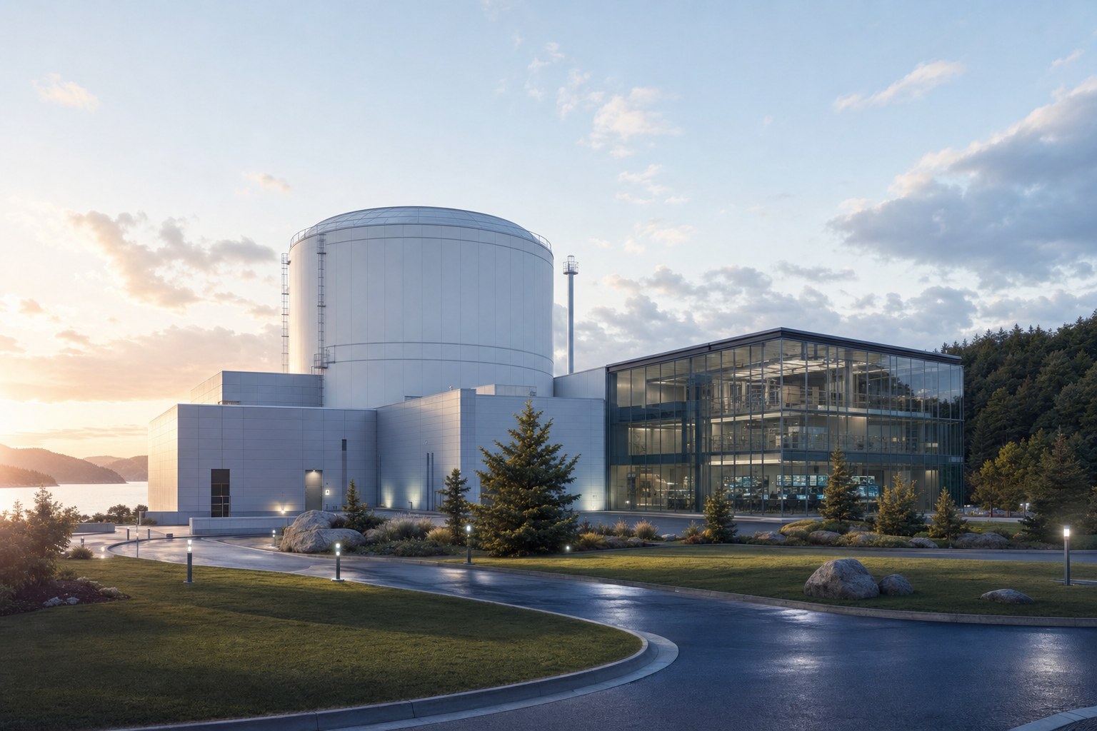 Compact small modular reactor facility with glass control building at dawn